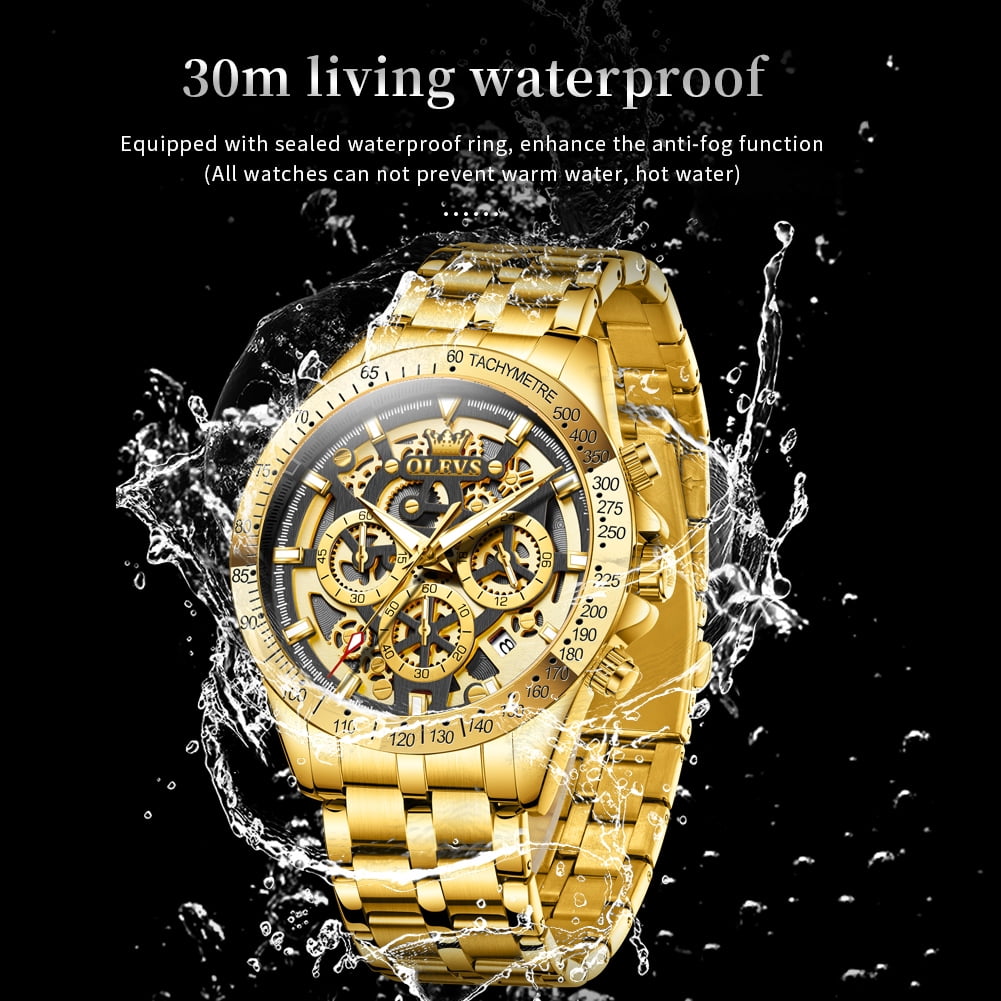 OLEVS Watches for Men Waterproof Luxury Dress Analog Quartz Chronograph Fashion Gold Plated Stainless Steel Luminous Date Classic Mens Wrist Watches Reloj Para Hombre Gold/White/Black Dial