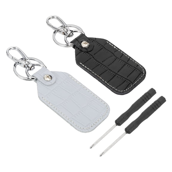 Uxcell Leather Key Fob, 2 Pcs Genuine Leather Key Cover RFID Key Fob Protector Air Tag Holder Keychain Case with Key Ring & Screwdriver for Car Key ID Key Card Black/Light Blue