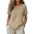 thumbnail image 2 of YigeTops Linen Shirts for Women V Neck Short Sleeve Loose Shirt Breathable Spring Summer Casual Vacation Tunic Blouse Beige S, 2 of 5