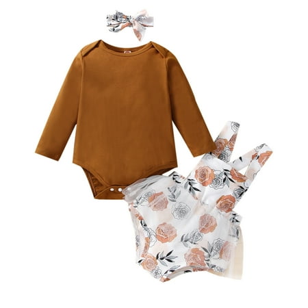 

Cute Outfits with Sweatpants Baby Girls Long Sleeve Solid Romper Bodysuit Tops Floral Print Patchwork Overalls Suspender Pants With Headbands Outfit Set 3PCS Clothes Apparel