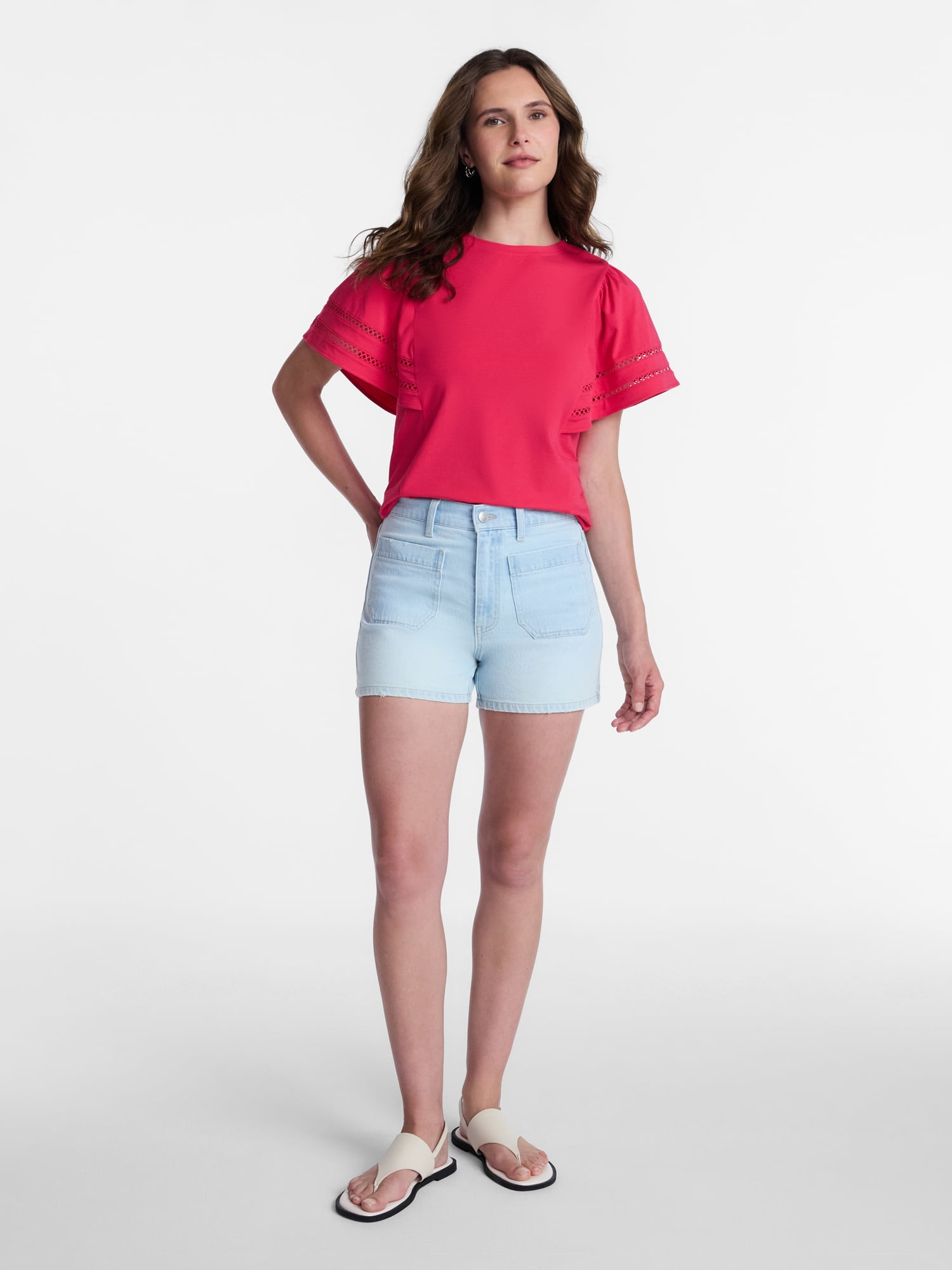 Time and Tru Women’s Crewneck Top with Lace Inset Flounce Sleeves, Sizes XS-XXXL