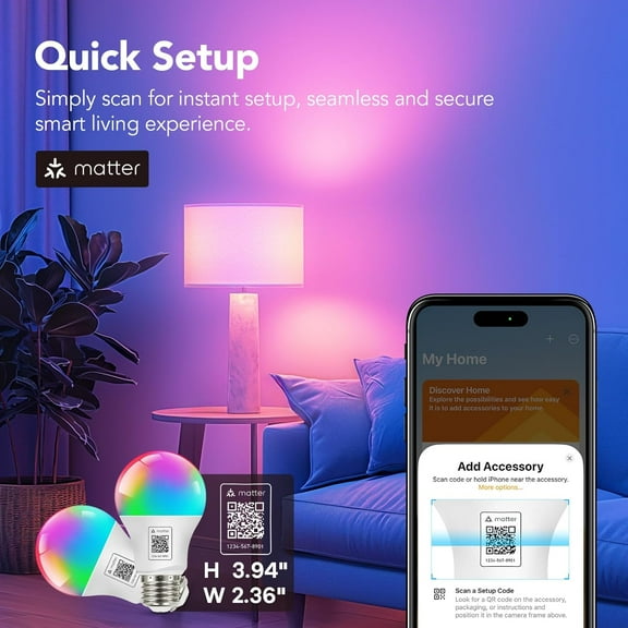 Matter Smart Light Bulb, Smart Light Bulbs with Remote Control Work with Apple Home, Alexa, Google Home, SmartThings, Color Changing Light Bulbs 2.4Ghz WiFi, 800 Lumens Equivalent 60W 6Pack