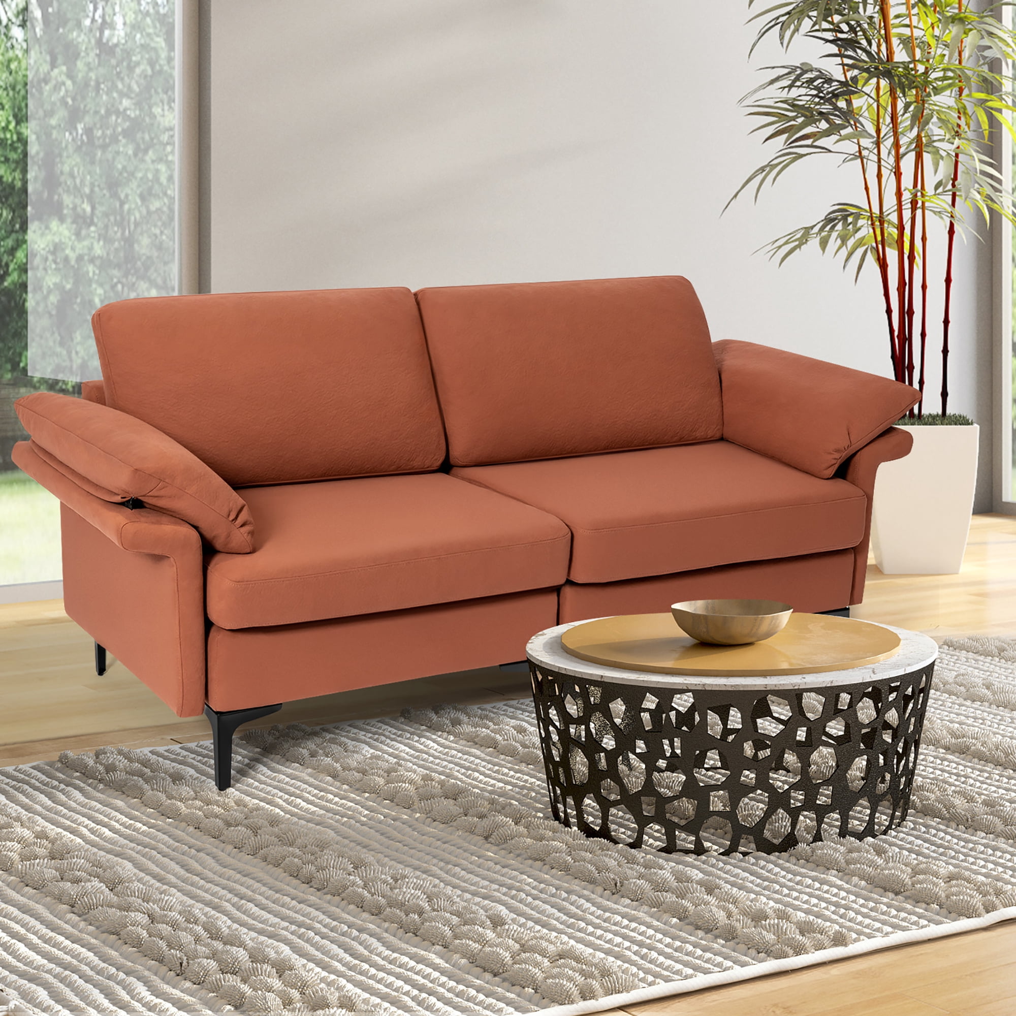 Costway Modern Loveseat Fabric 2-Seat Sofa Couch for Small Space w/ Metal Legs Rust Red