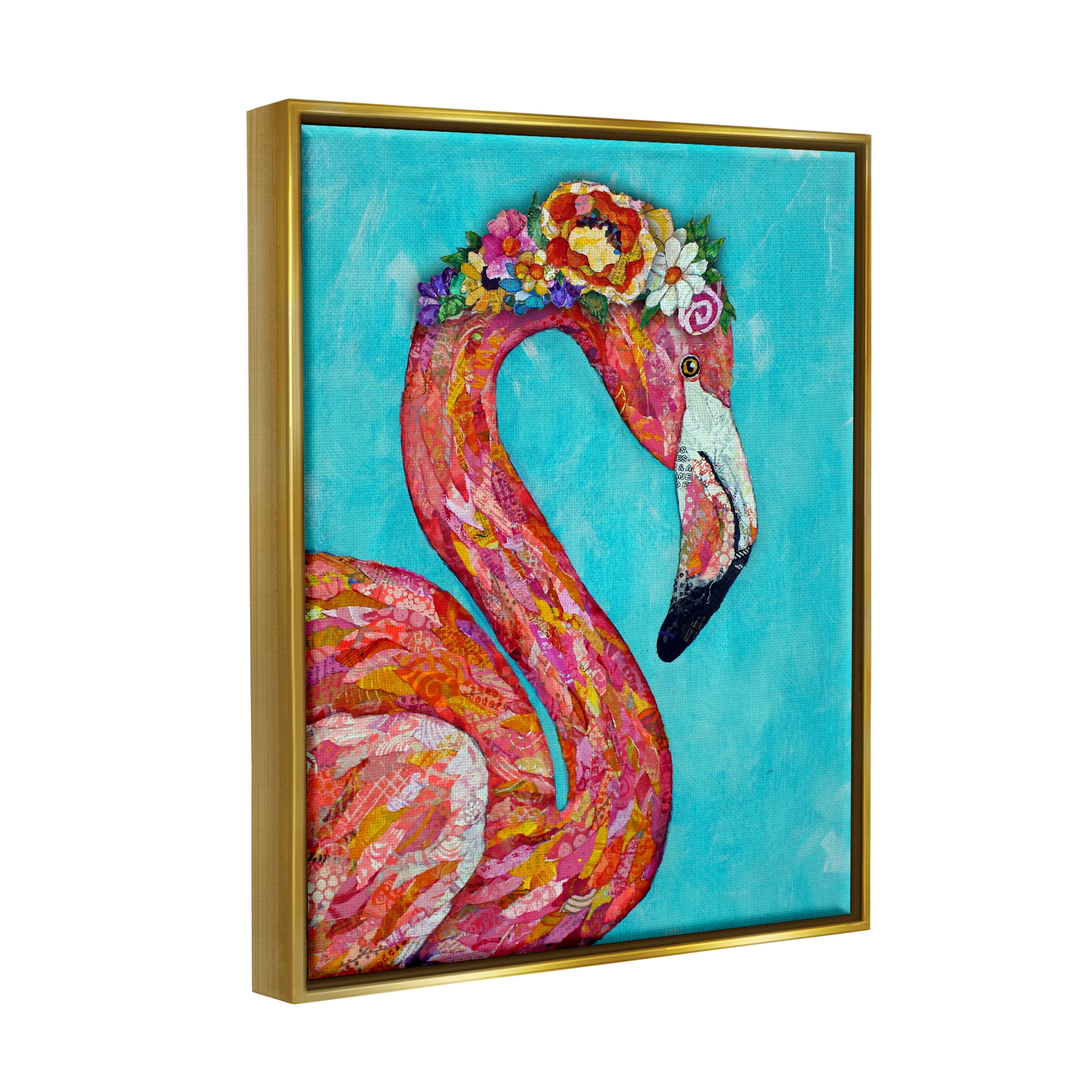 Stupell Industries Floral Flamingo Bird Bold Saturated Blossoms Collage Painting Metallic Gold Floating Framed Canvas Print Wall Art, Design by Lisa Morales