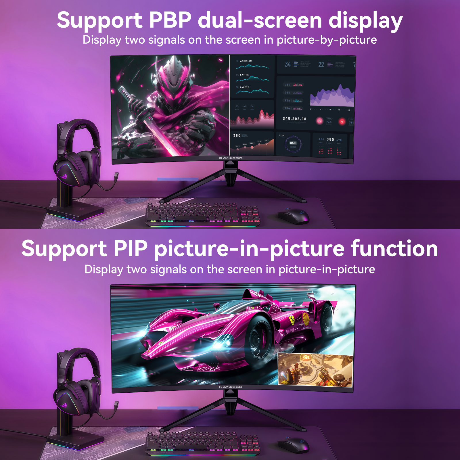 Raywego 34" Ultrawide Curved Gaming Monitor 165Hz, WQHD 3440x1440, 1500R-PIP,BPB Computer Monitor 1ms, SRGB99%, HDMI 2.0 x2, DP 1.4 x2, Black