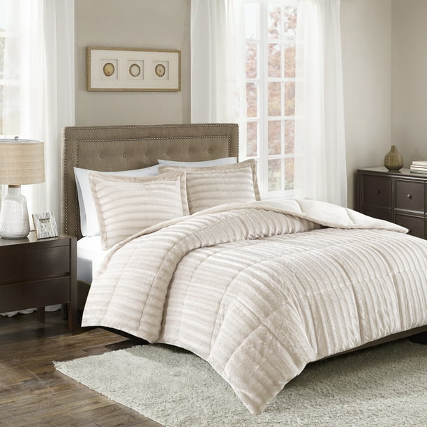 Home Essence York Faux Fur 3 Piece Solid Comforter Set, Full/Queen, Champagne