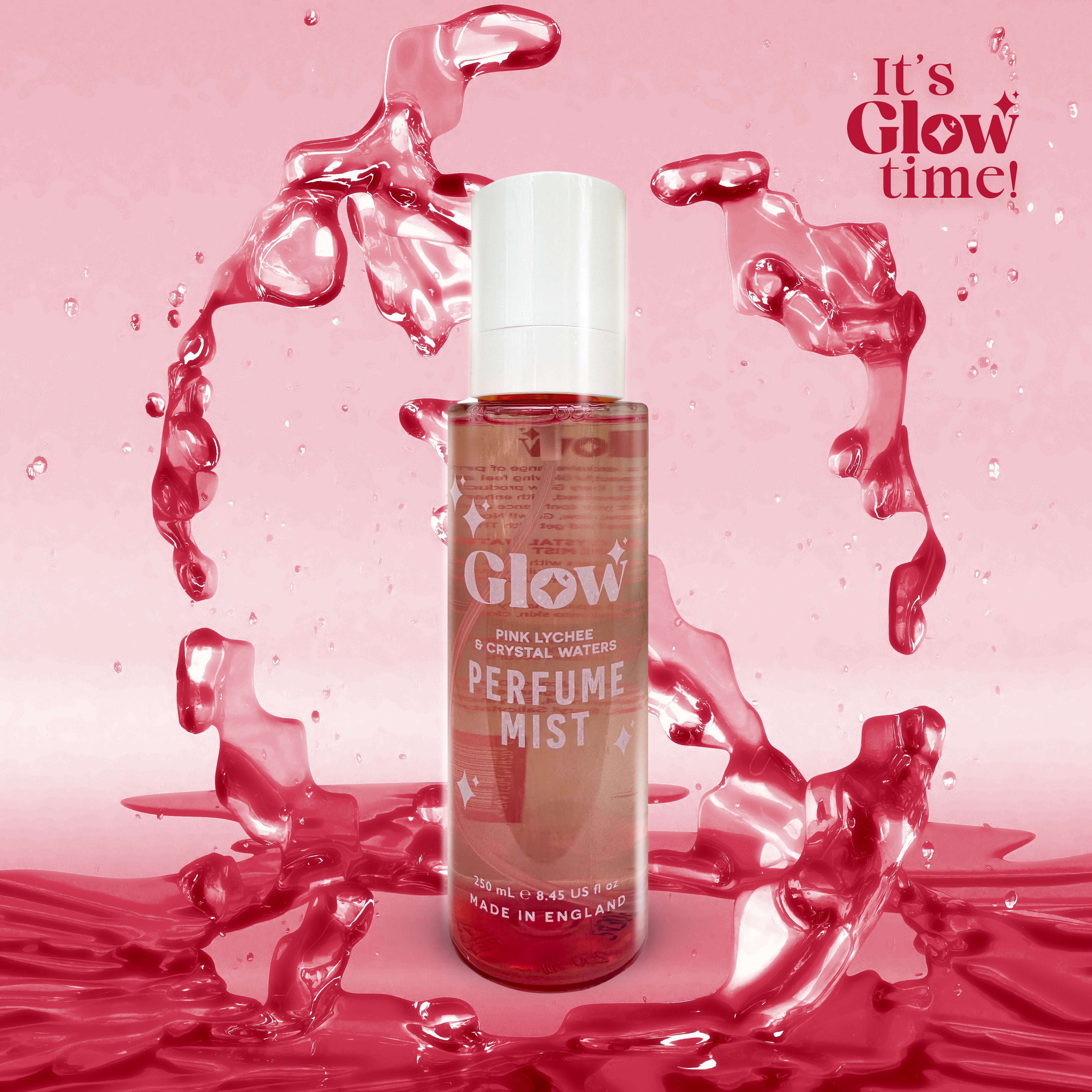 Glow Perfume Mist, Pink Lychee & Crystal Waters Body Spray, 250 ml / 8.45  fl oz, Made in England