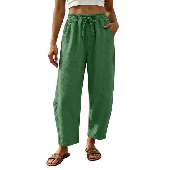 CHGBMOK Women's Casual Cropped Pants Elastic Waist Drawstring Wide Leg Pants with Pockets Loose Trousers