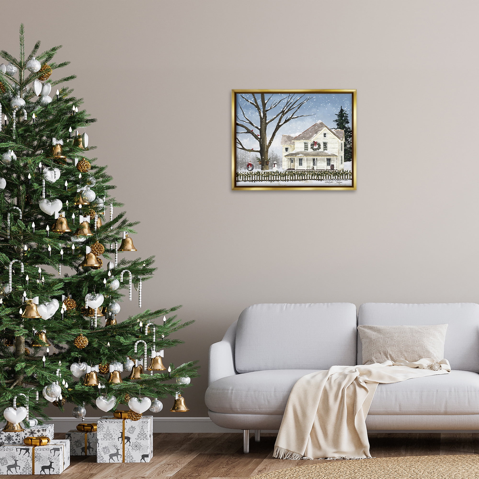 Stupell Industries Charming Winter Neighborhood Landscape Painting Gold Floater Framed Canvas Art Print Wall Art, 31 x 25