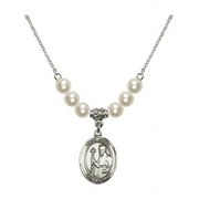 18-Inch Rhodium Plated Necklace with 6mm Faux-Pearl Beads and Saint Regis Charm