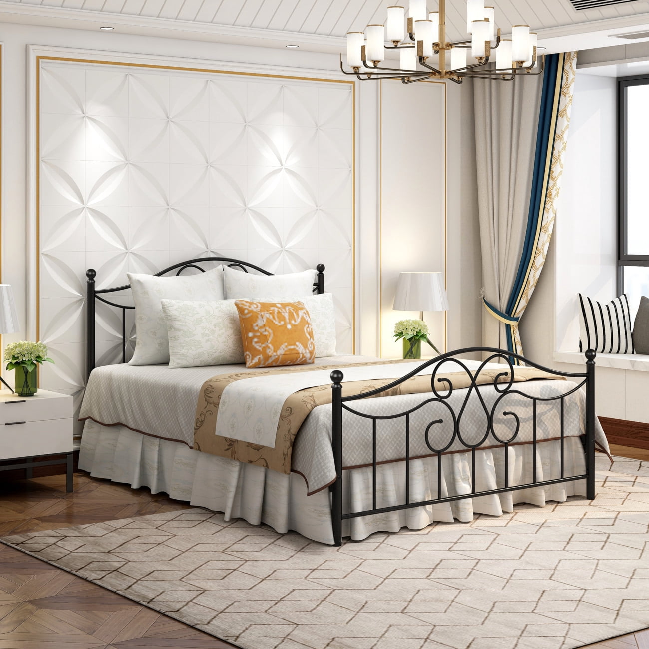 Queen Size Victorian Style Platform Bed, Metal Bed with Vintage