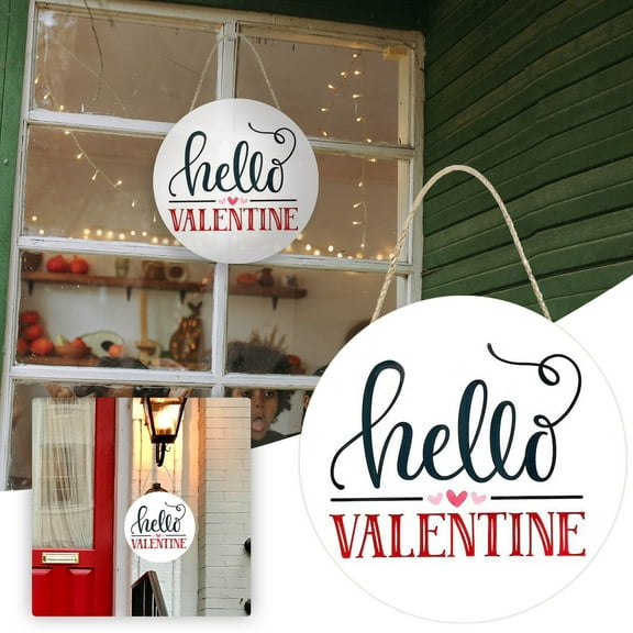 Valentine's Day Sign Wreath for Front Door Decor 11x11 Inch Hello Valentine Welcome Sign Wall Hanging Holiday Rustic Farmhouse Love Heart Wood Door Hanger for Home Porch Wall Indoor Outdoor