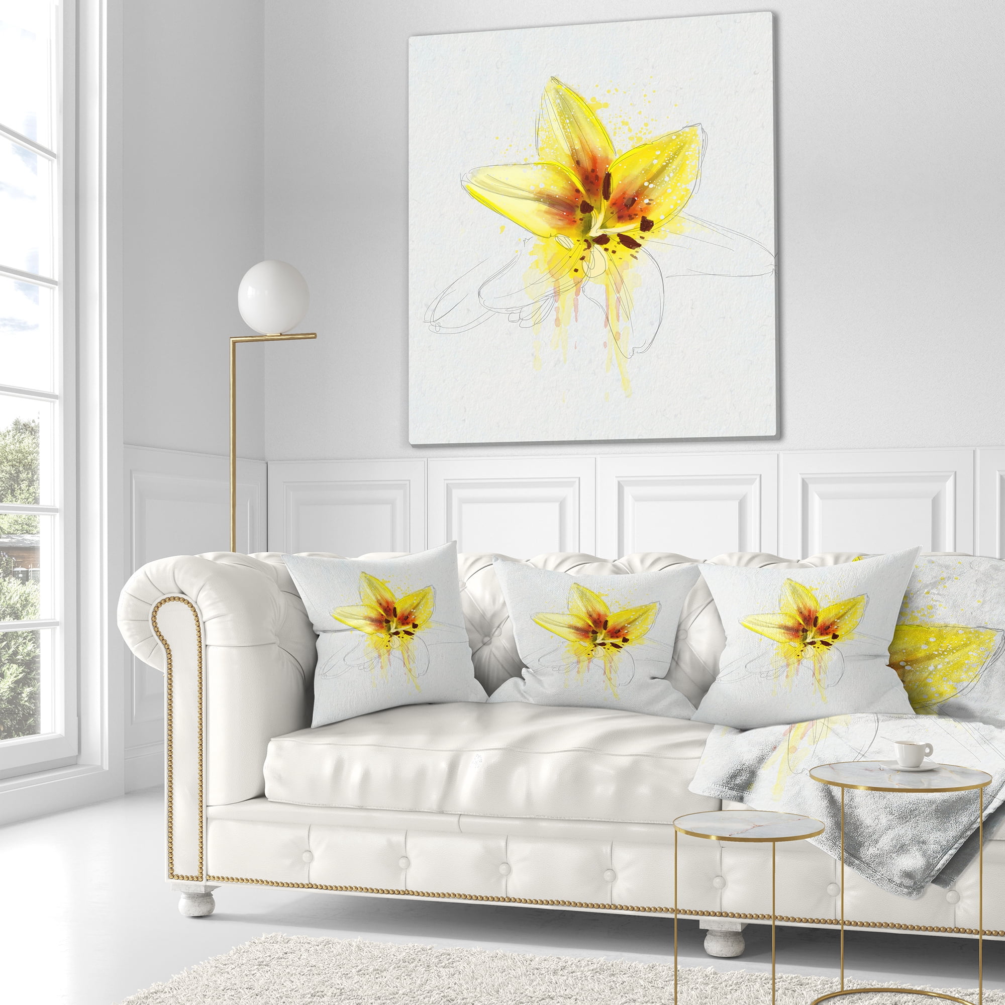 Designart Wonderful Yellow Lily Flower Sketch - Floral Throw Pillow - 18x18