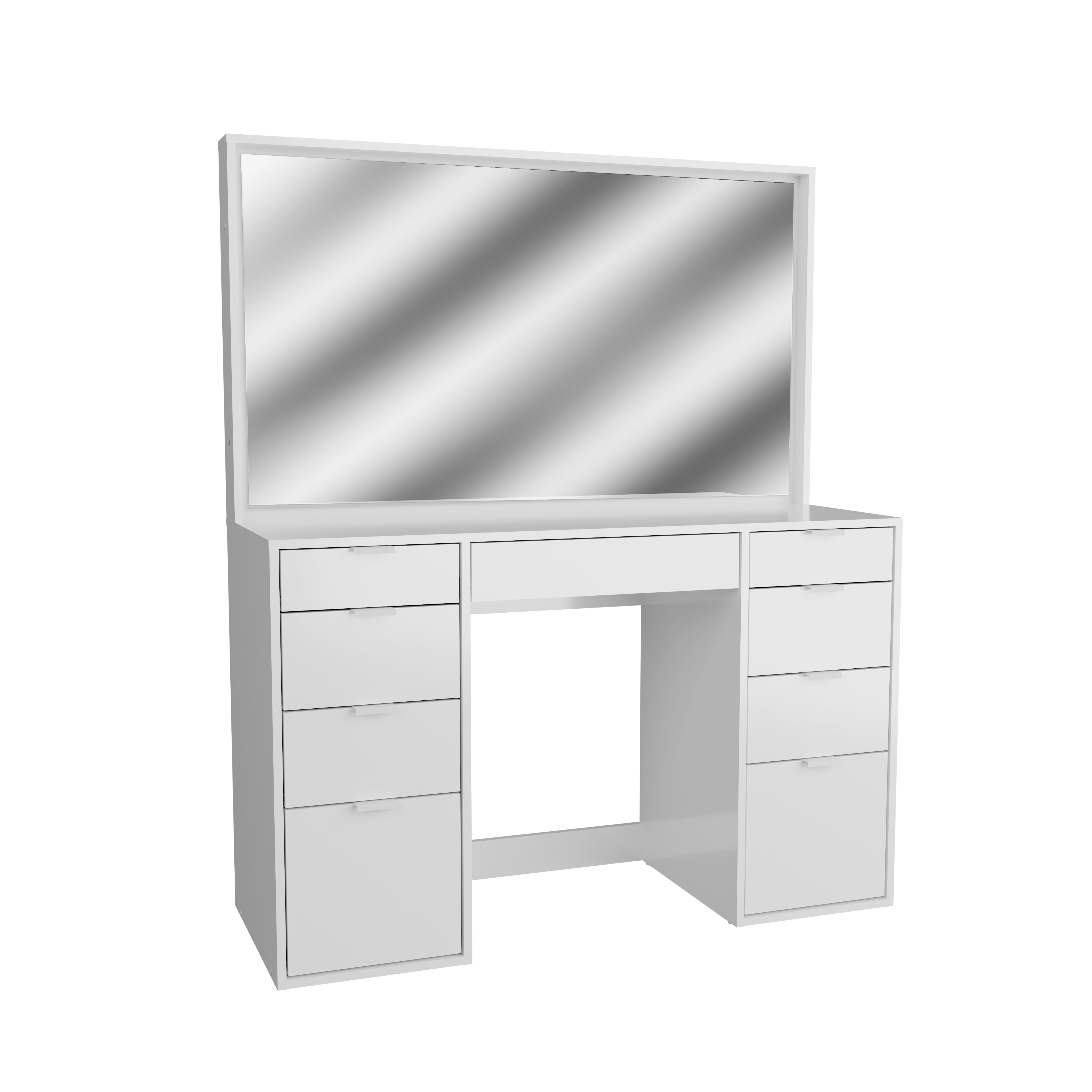 Kappesberg Mariannas 47" Wide White Makeup Vanity Table with Mirror and 9 Drawers