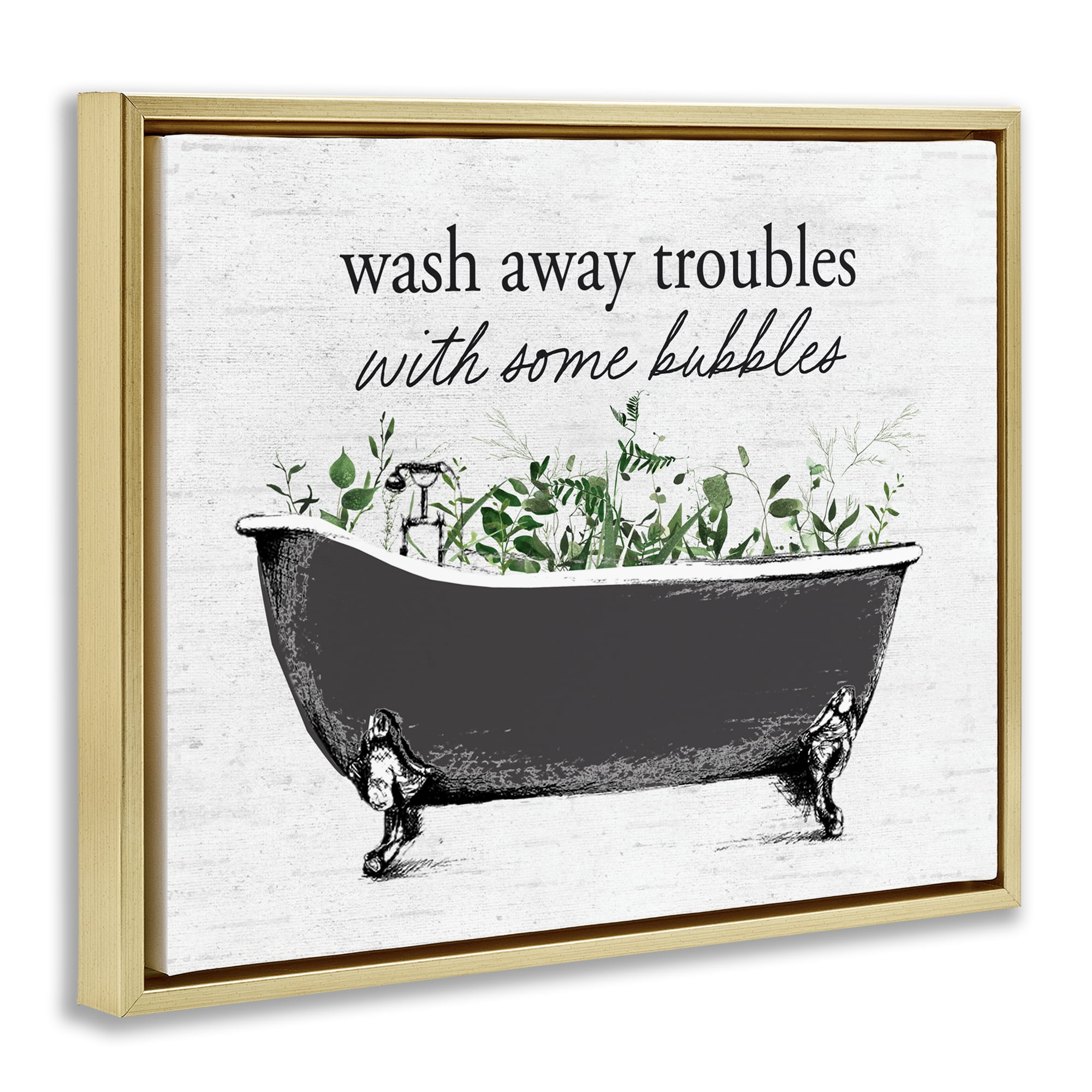 Comforting Bubble Bath Quote Gold Framed Floater Canvas Wall Art, design by Lettered and Lined