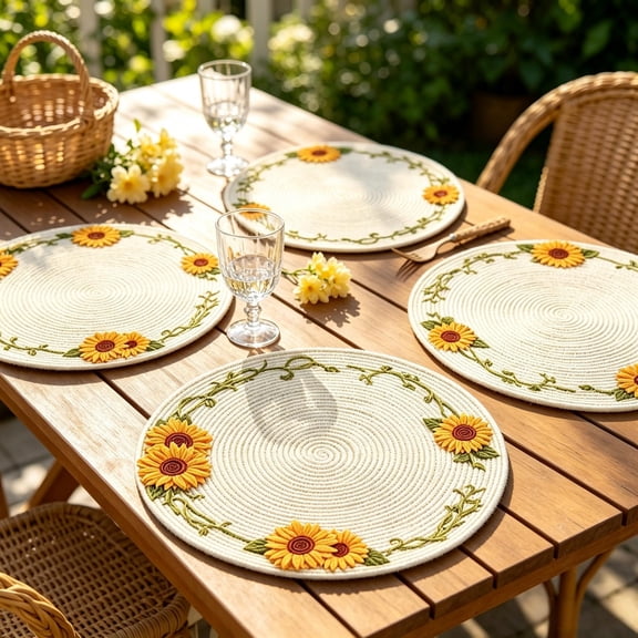 QISIWOLE 4Pcs Fall Sunflower Round Placemats, 15in Linen Round Woven Placemats, Circle Kitchen Table Mats, Washable Table Mats for Tables Home Kitchen Dining Party Table Thanksgiving Decor