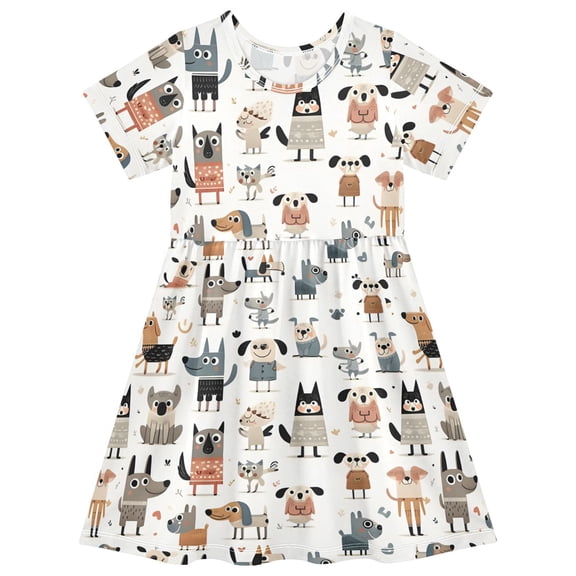 joogoo Cartoon Doodle Dogs Girls' Short Sleeve Dress Kids Dresses 5-6T