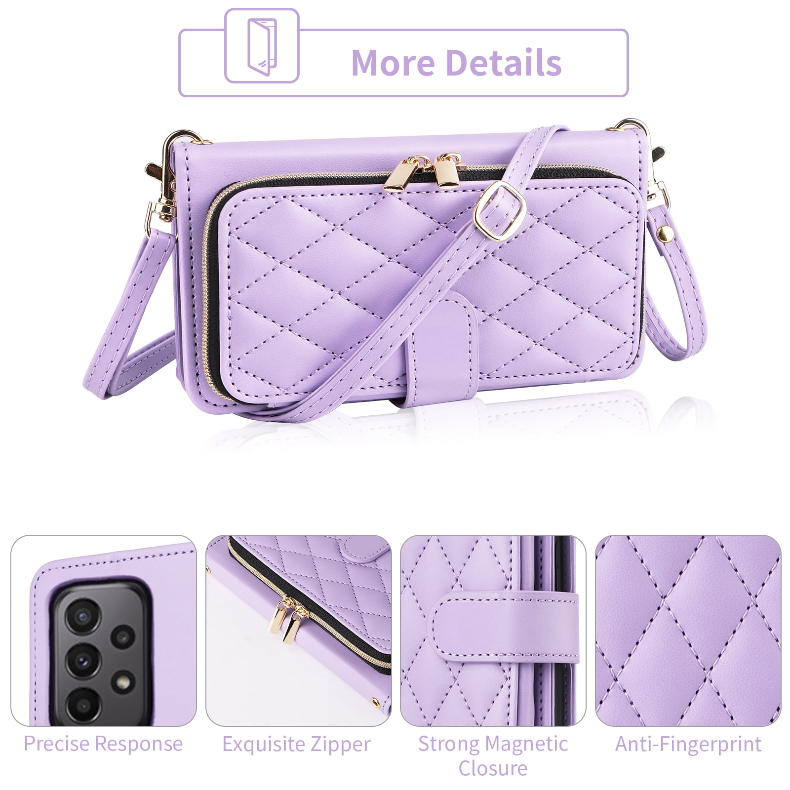 Furiet Argyle Wallet Case for Samsung Galaxy A23 5G/4G with Detachable Wrist/Crossbody Shoulder Strap, Card Slots Zipper Purse, Luxury PU Leather Stand Phone Cover for A 23 23A 6.6 Women Girls Purple