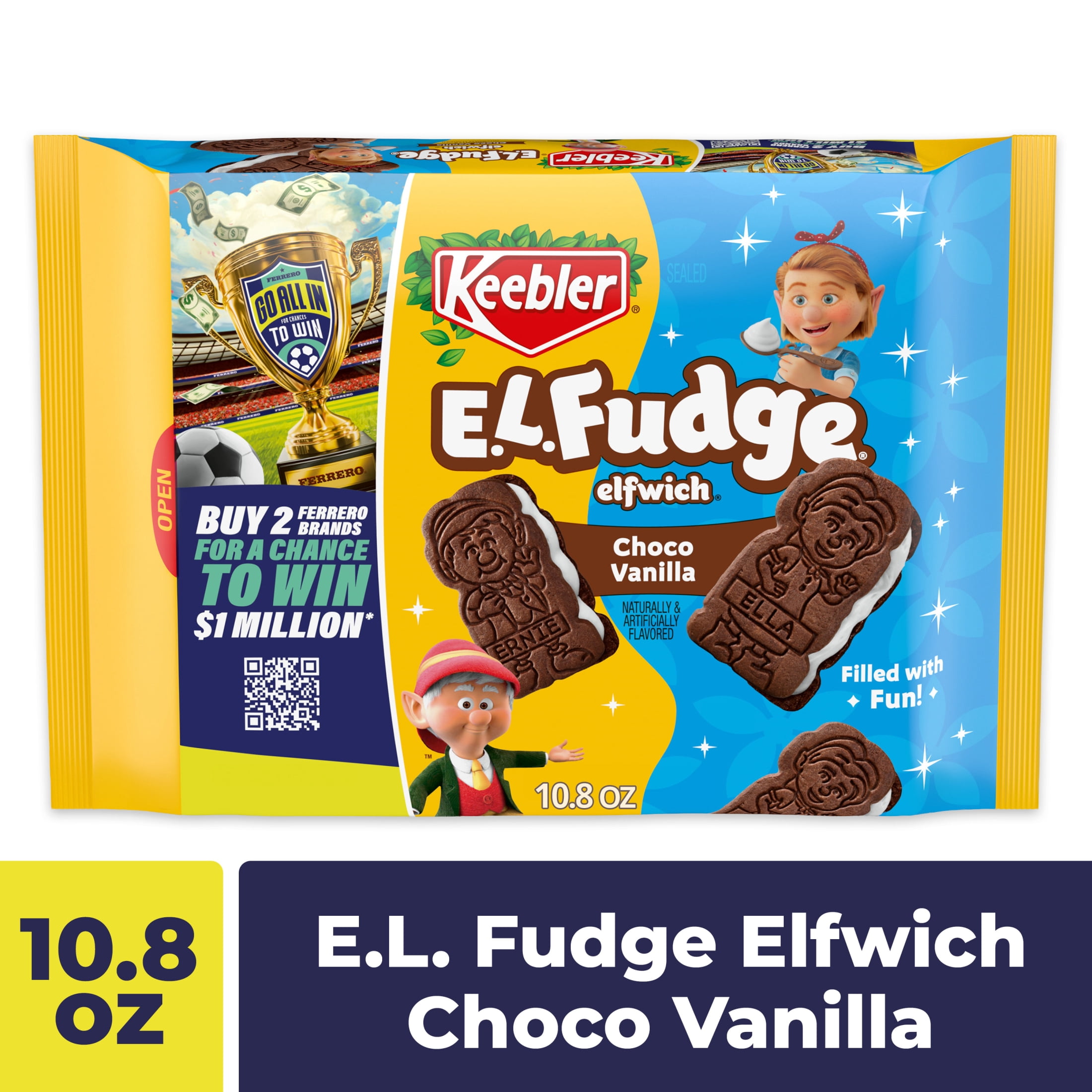 (12 pack) Keebler E.L. Fudge Elfwich Cookies, chocolate-y and vanilla flavor Sandwich Cookies, Fun Shaped Treat, 10.8 oz Pack