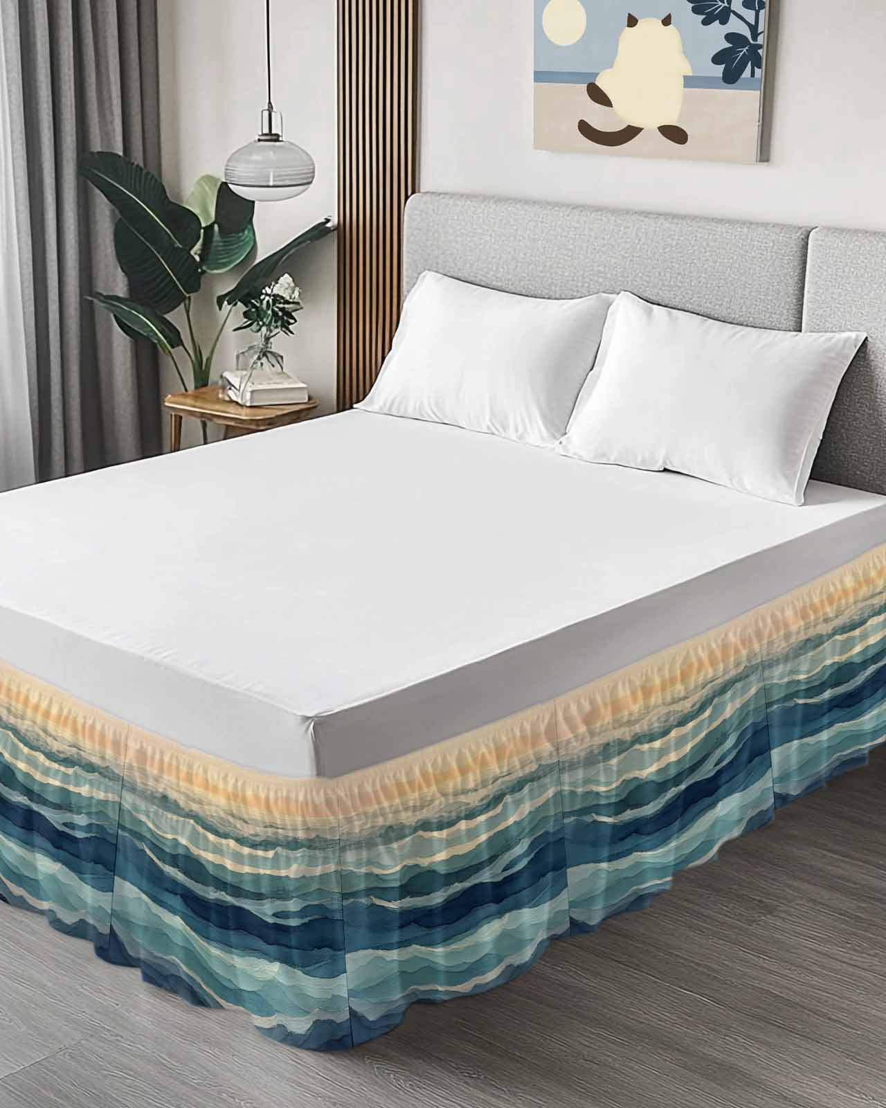 Abstract Ocean Bed Skirt California King Size 18 Inch Drop, Dark Blue Ripple Sunset Minimalist Art Wrap Around Dust Ruffle Bedskirts, Easy Fit Bedskirt with Adjustable Elastic