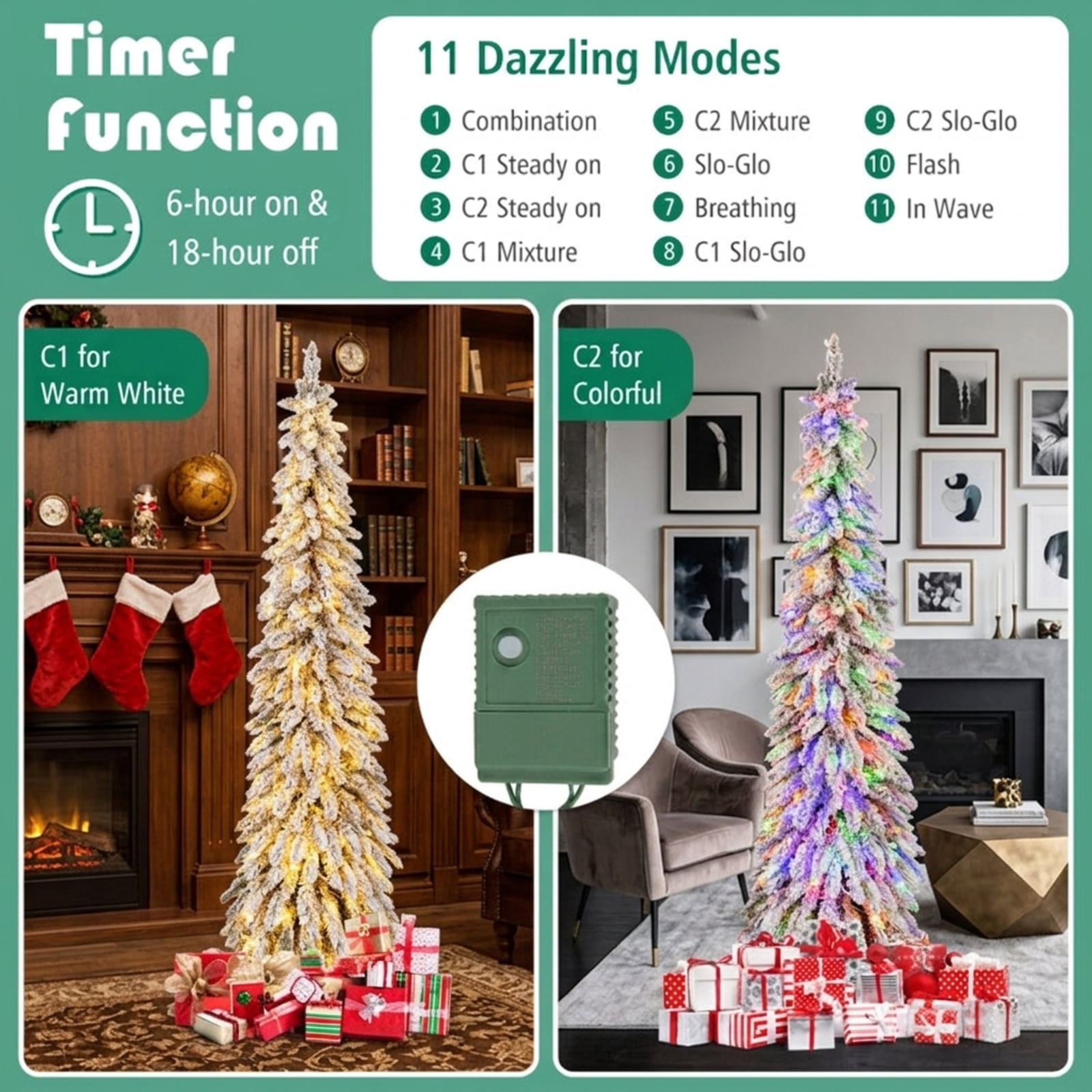 RUIE 6 ft Snow-Flocked Pencil Christmas Tree, Pre-Lit Slim Green White Xmas Tree with 250 Dual-Color LED Lights, 11 Modes, Timer