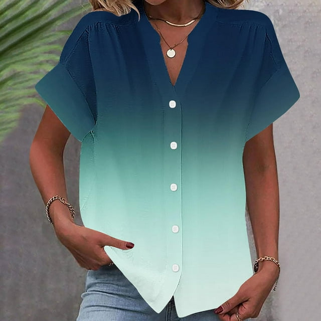 RXIRUCGD Fashion Women's Short Sleeved Solid Color Spring/summer Button Up Shirt Top, Green, Size: S