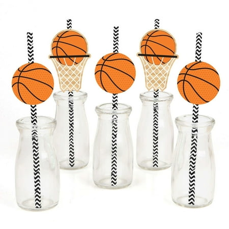 Big Dot of Happiness Nothin' but Net - Basketball Paper Straw Decor - Baby Shower or Birthday Party Decorative Straws - Set of 24