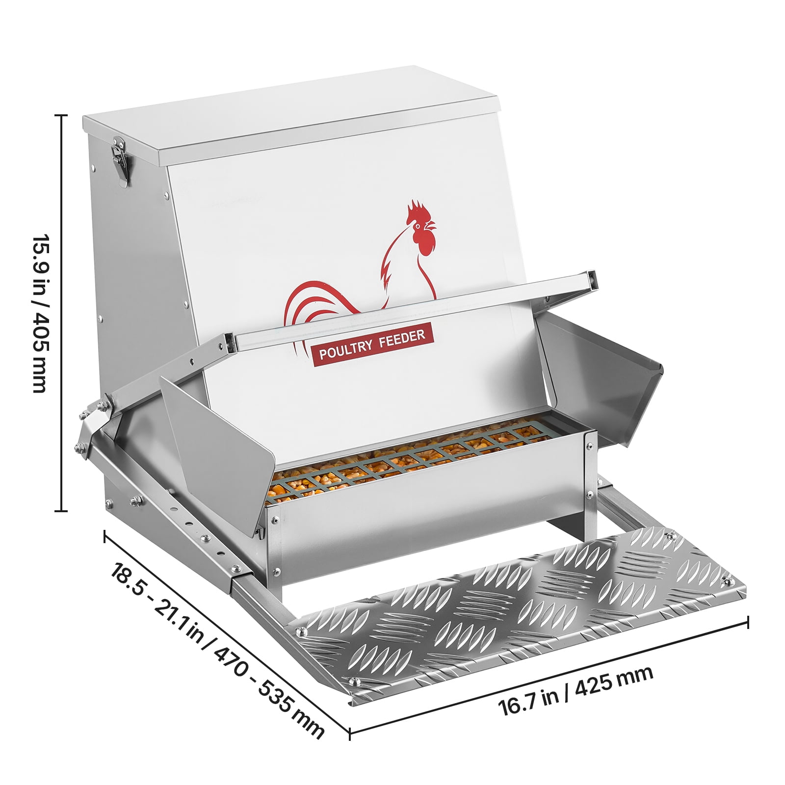 KFFKFF Automatic Poultry Feeder, 40 lbs Capacity, Weather-Resistant Treadle Feeder with Secure Lid, Minimal Feed Waste, Durable Galvanized Steel Design, Suitable for Outdoor Use with Chickens