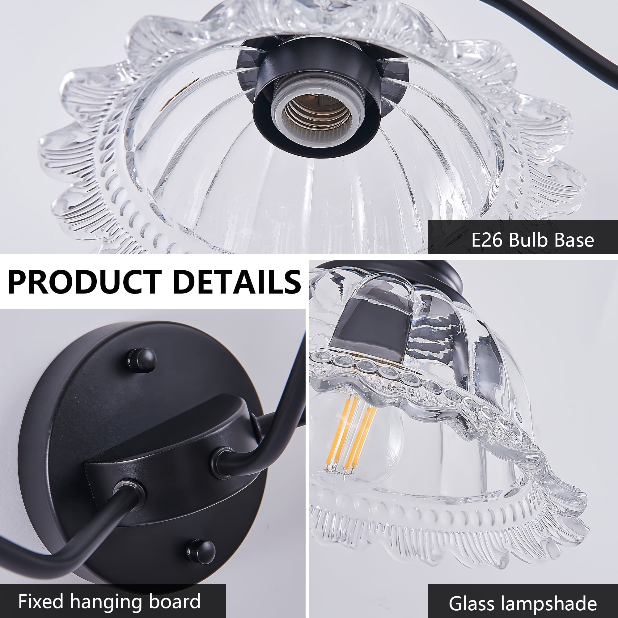 Vintage 3-Light Bathroom Vanity Light, Wall Sconce with Clear Glass Shades, Matte Black Finish Modern, 24-Inch