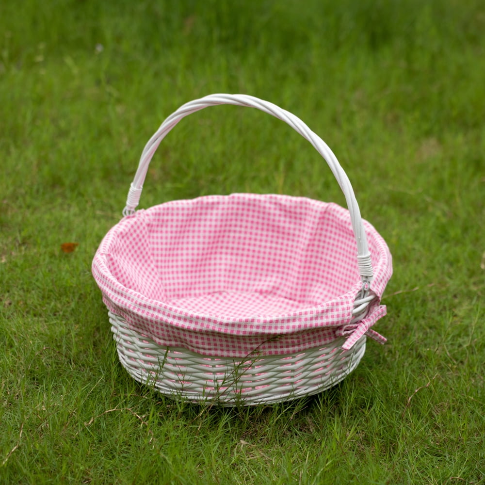 Traditional White Round Willow Gift Basket with Pink and White Gingham Liner and Sturdy Foldable Handles, Food Snacks Storage Basket, Large