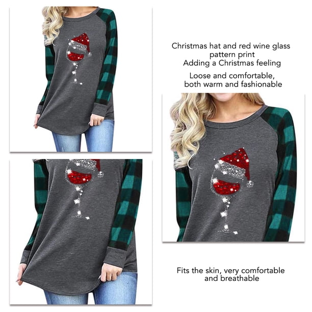 Tops De Manga Larga Para Mujer, Cuello Redondo, Camiseta De Manga Larga Para Mujer, Cómodas Mangas A Cuadros Para El Día A Día Para Ir De Compras Para Mujer ANGGREK Ropa gris y mangas a cuadros verdes S