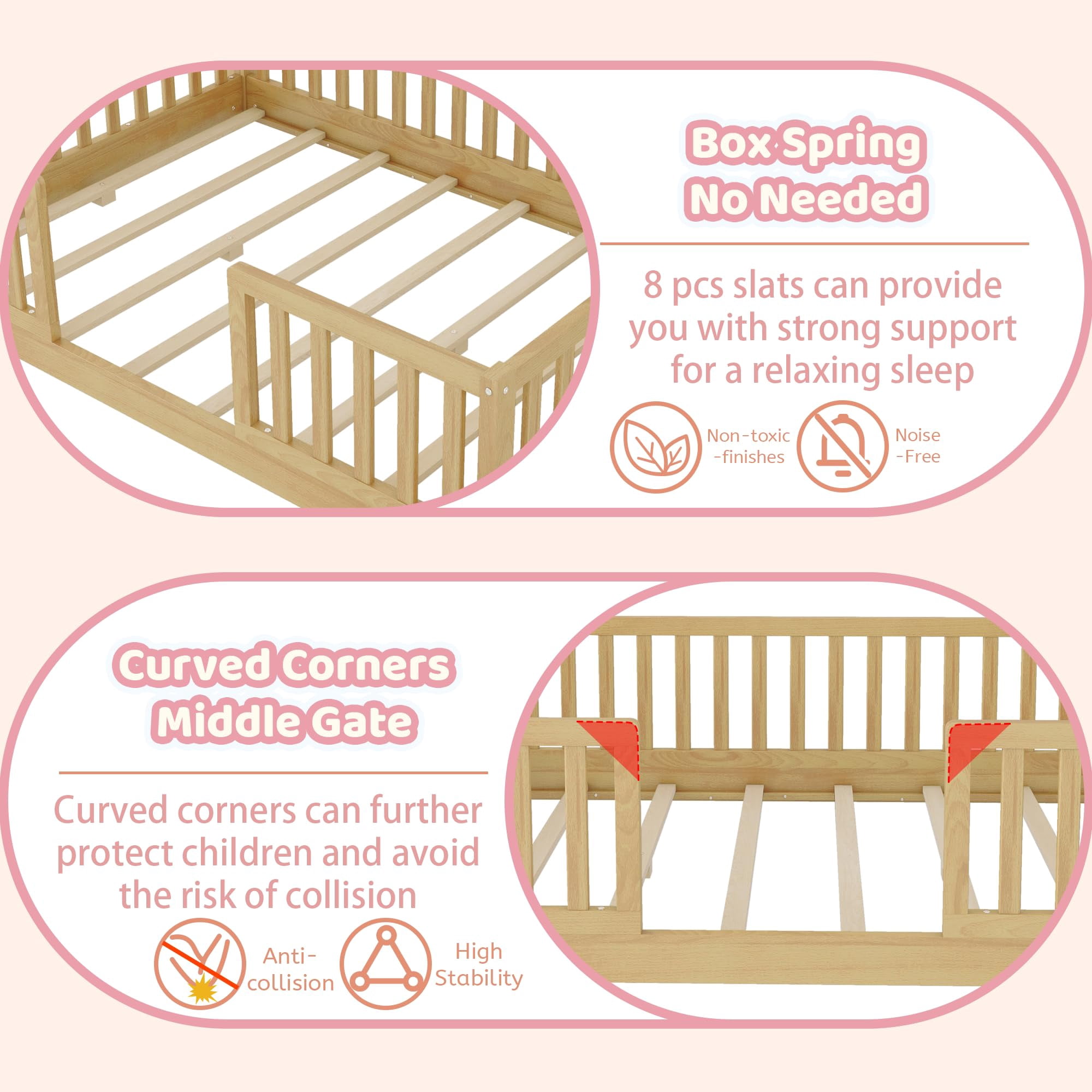 Full Size Montessori Floor Bed with High Rails, Wood House Beds Frame with LED Light, Low Profile Montessori Bed Full with Slats for Kids, Easy to Assembly, Full bed frames Natural