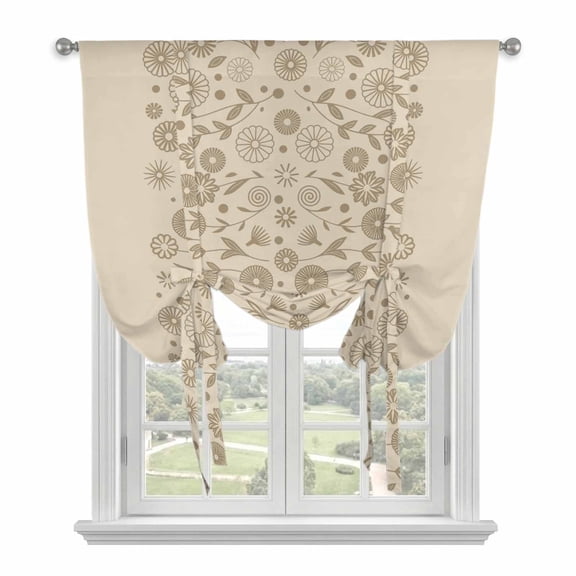 Japanese Balloon Curtains for Windows, Bedroom Curtains 54 Inch Length, Beige Farmhouse Retro Floral Leaf Pattern Tie Up Curtains Panels Thermal Insulated Bathroom Curtains Window 42"x54"