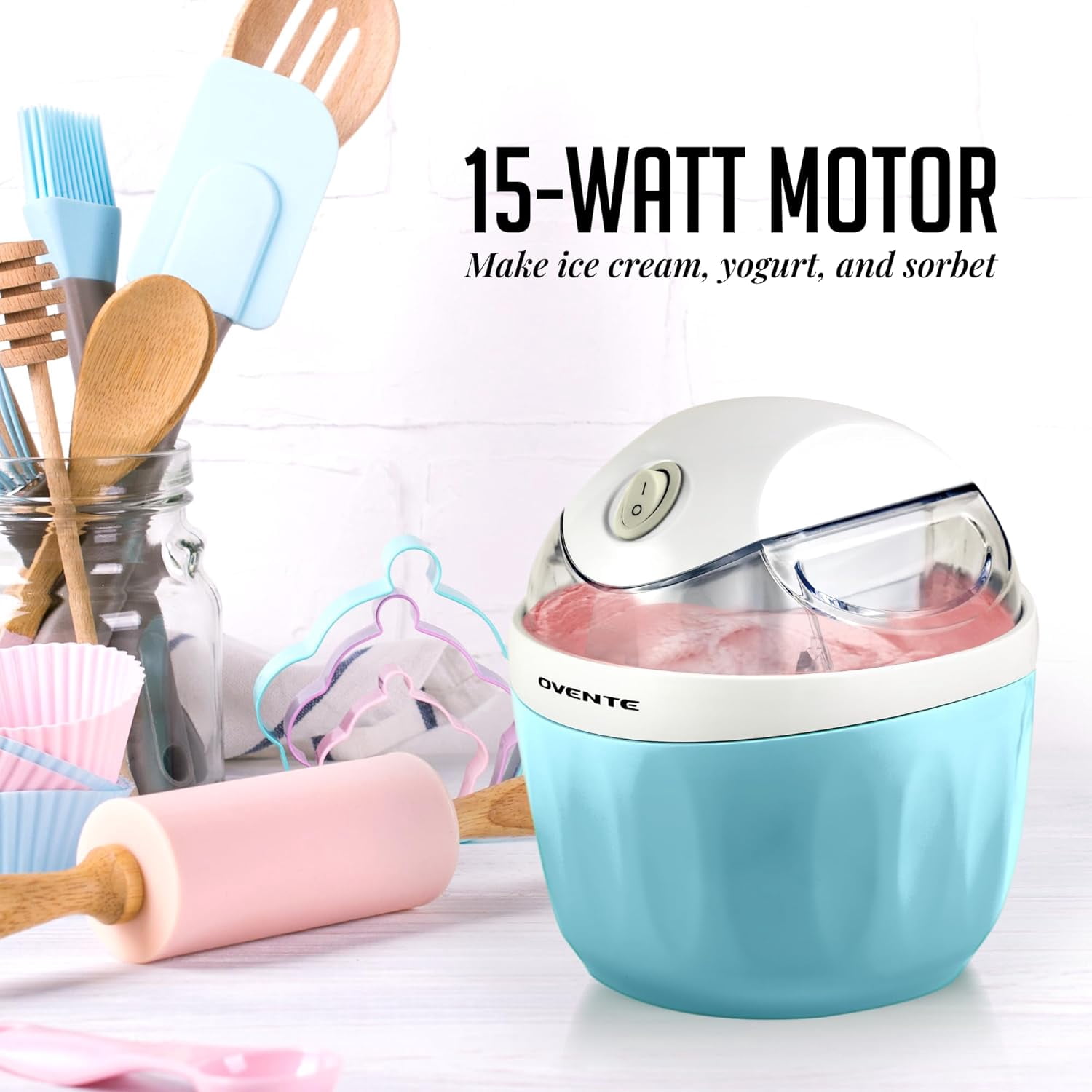 OVENTE Electric Ice Cream Maker, 1QT Freezer Bowl, 15W, Blue ICM110BL I For Healthy & Homemade Frozen Yogurt, Sorbet and Gelato, Mini Kitchen Appliance Ideal for Summer Desserts for Kids