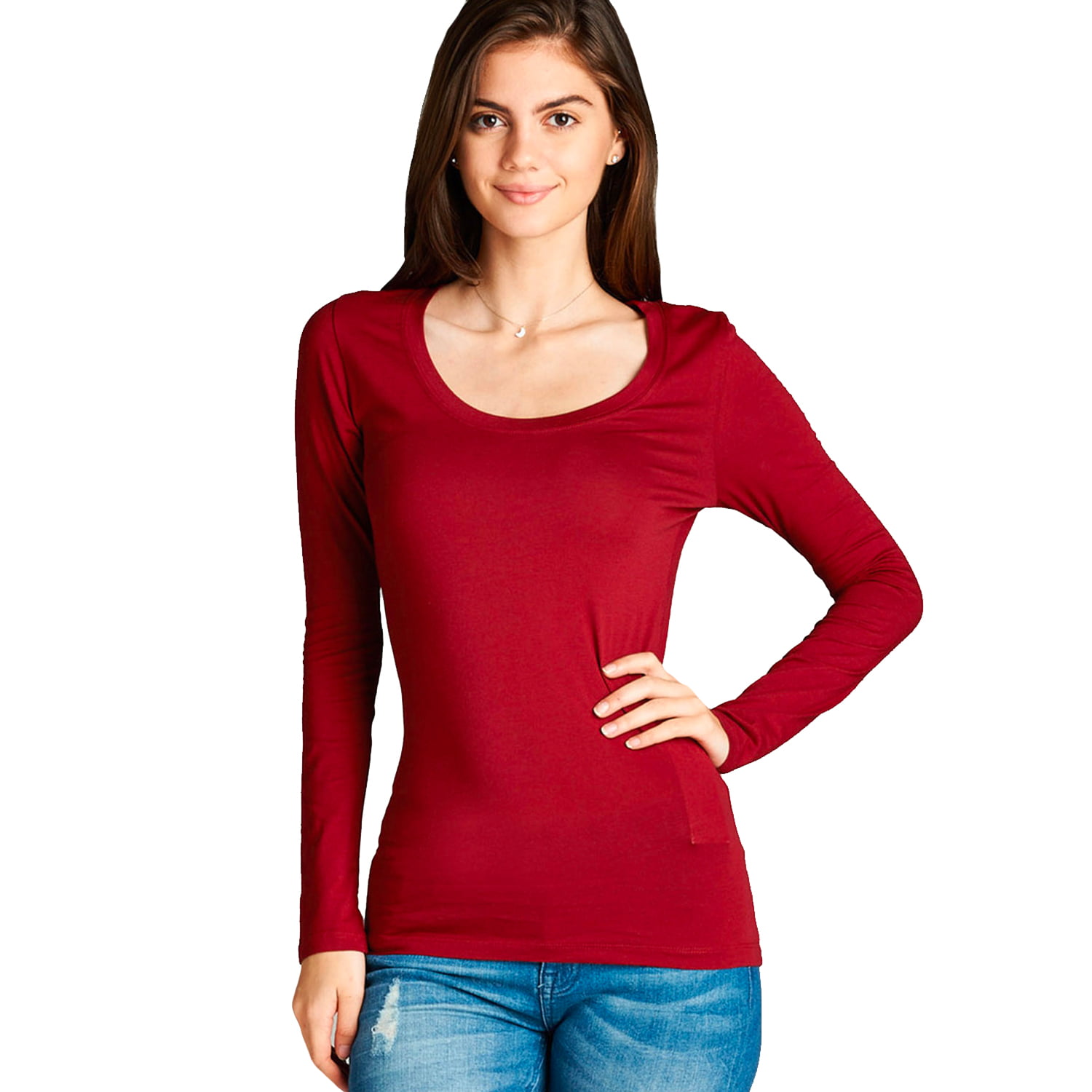 Women's Long Sleeve Scoop Neck Fitted Cotton Top Basic T Shirts-Plus ...