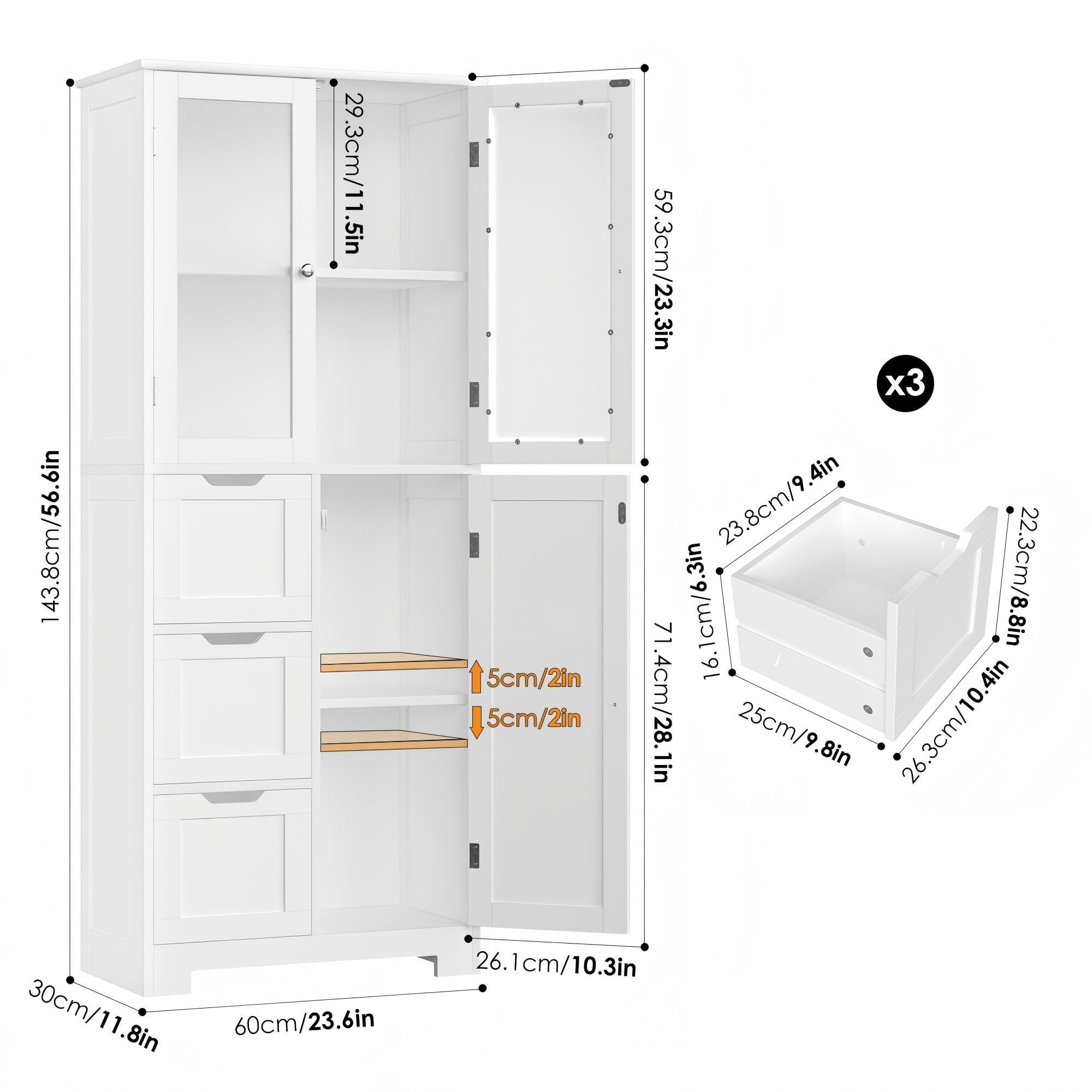 Homfa 56.6"H Kitchen Pantry Cabinet with 3 Doors and 3 Drawers, Floor Cabinet for Dining Room Living Room, White