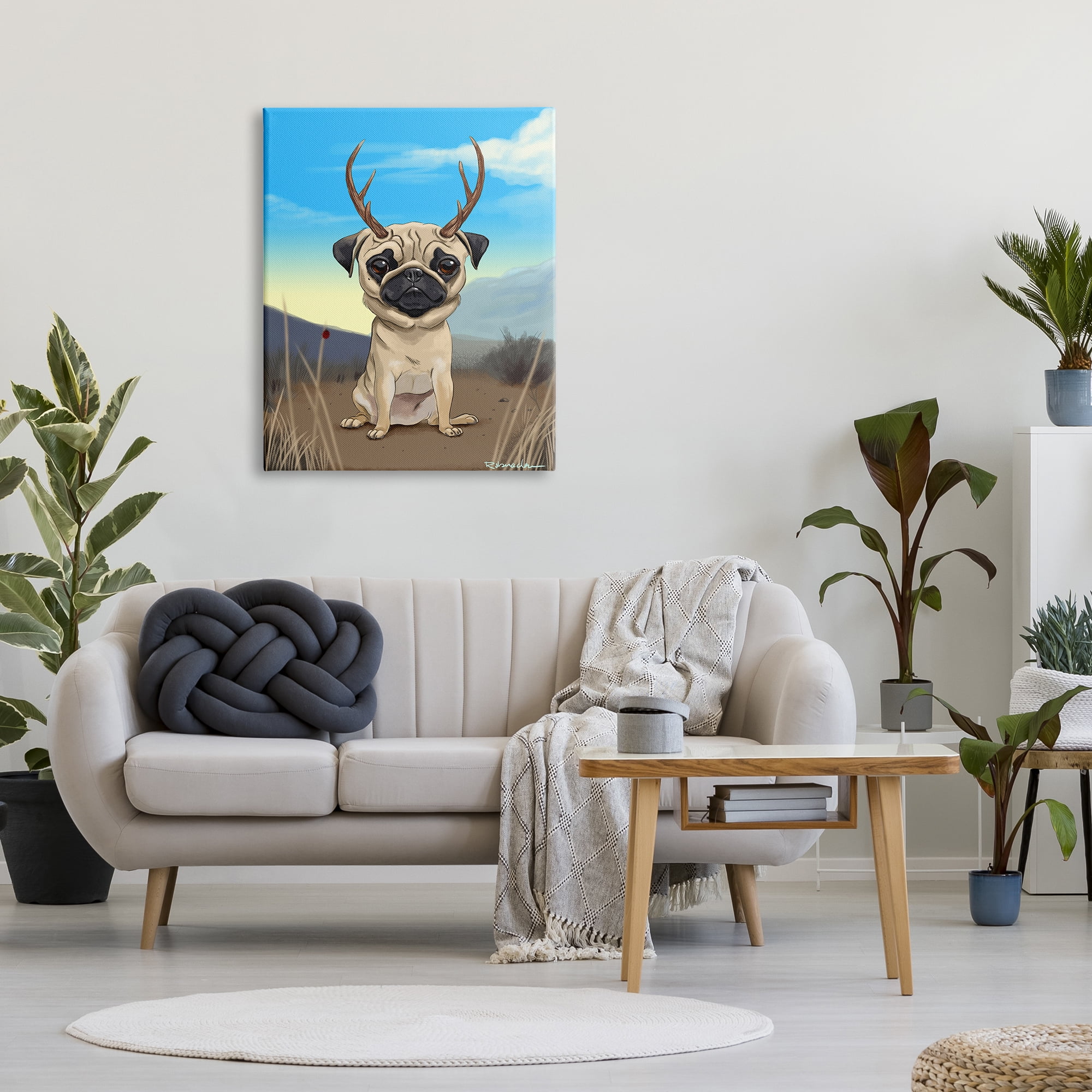 Stupell Industries Funny Field Pug Wild Pet Dog with Antlers, 30 x 40, Design by Brian Rubenacker