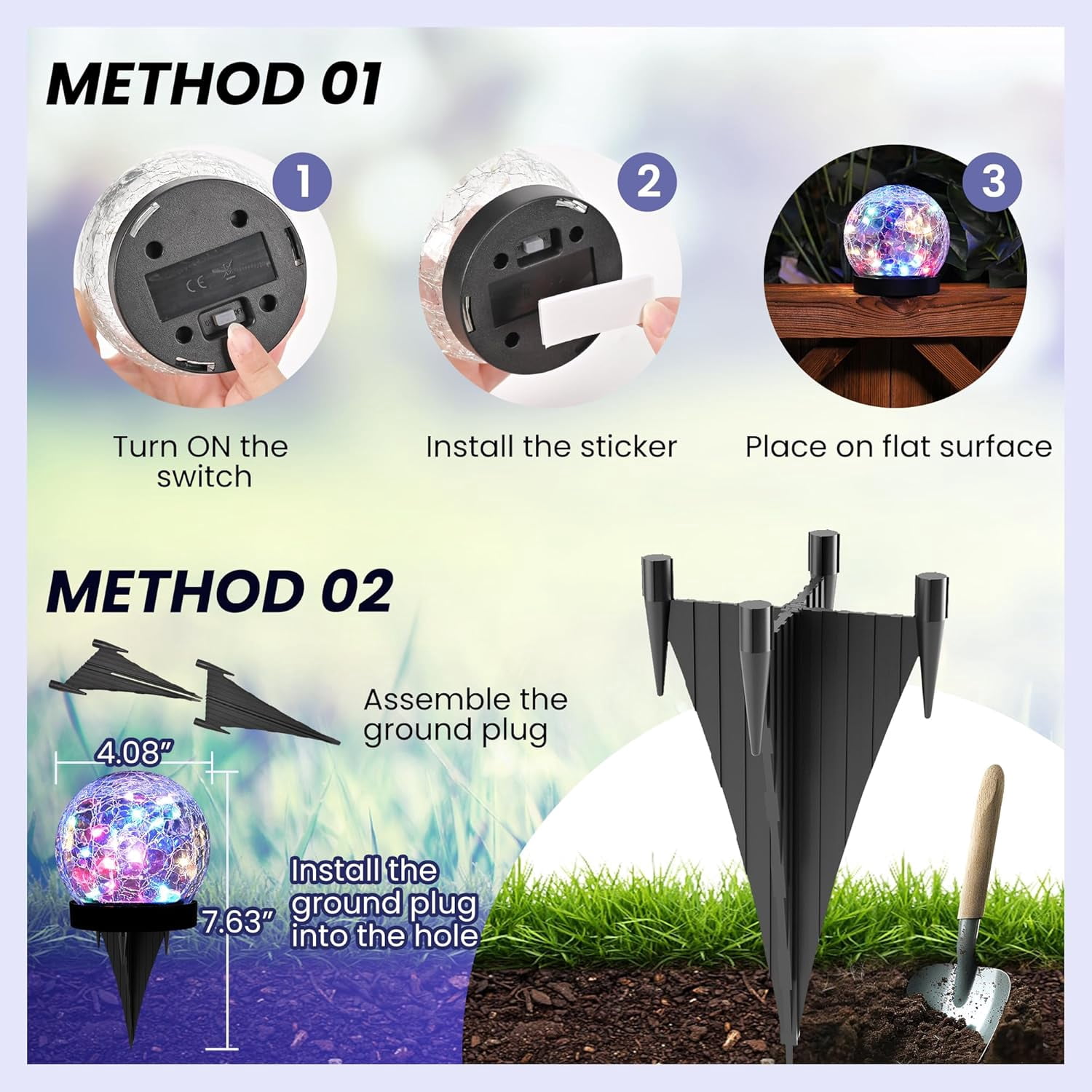 Garden Solar Ball Lights Solar Globe Lights Outdoor Waterproof LED Cracked Glass Globe Solar Power Ground Lights for Garden, Patio, Yard, Lawn and Backyard Decor - Solar Orbs for Outside Decorations