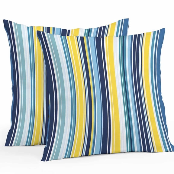 Blue Yellow Colorful Stripes Outdoor Pillow Covers Set of 2 Summer Classic Stripes Waterproof Throw Pillow Case Decorative Square Cushion Cover for Patio Couch Garden Balcony, 16"x16"