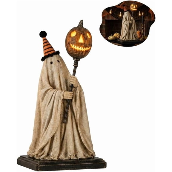 Lighted Vintage Ghost Figurine with Glowing Pumpkin Staff, Cute Halloween Decorations for Mantel, Entryway or Tabletop