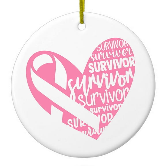 DistinctInk Hanging Ceramic Christmass Tree Ornament with Gold String - Great Gift / Present - 2 3/4 inch diameter - Pink Ribbon Cancer - Survivor Heart