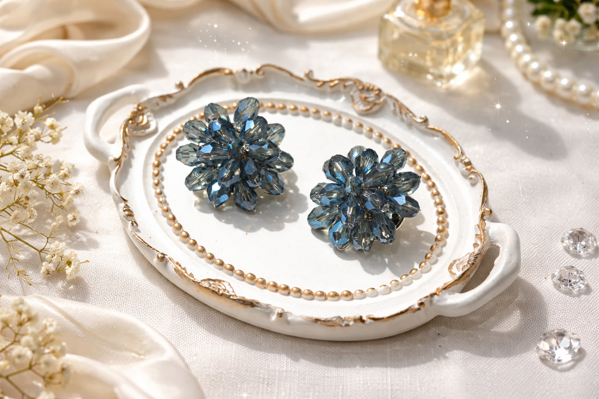 Dazzling Deep Blue Chrysanthemum Crystal Clip On Earrings