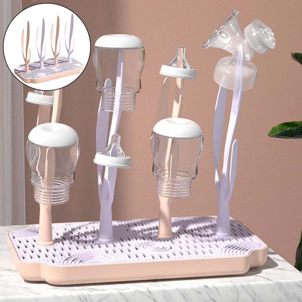 Portable Baby Bottle Drying Rack Countertop Cleaning Brush Holder Storage with Drainer Tray Space Saving pink