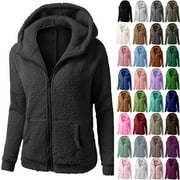 DDAPJ PYJU Women's Warm Fleece Jacket,Plus Size Soft Comfy Zip Up Hoodie Long Sleeve Solid Color Basic Hooded Sweatshirt Slim Fit Crop Jackets Fall Teddy Bear Outwear
