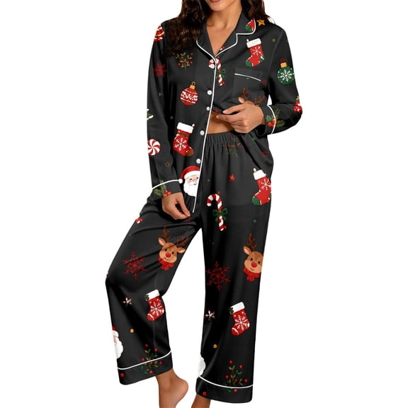 Womens Christmas Pajama Set Long Sleeve Collared Top and Pants Festive Holiday Sleepwear Cozy Loungewear for Home and Nights