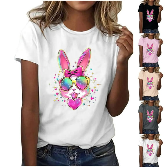 VBTAPA Women Happy Easter T Shirt Bunny Eggs Graphic T-Shirt Funny Letter Printed Tee Shirts Loose Fit Crewneck Short Sleeve Tops Today's Sales Gray L