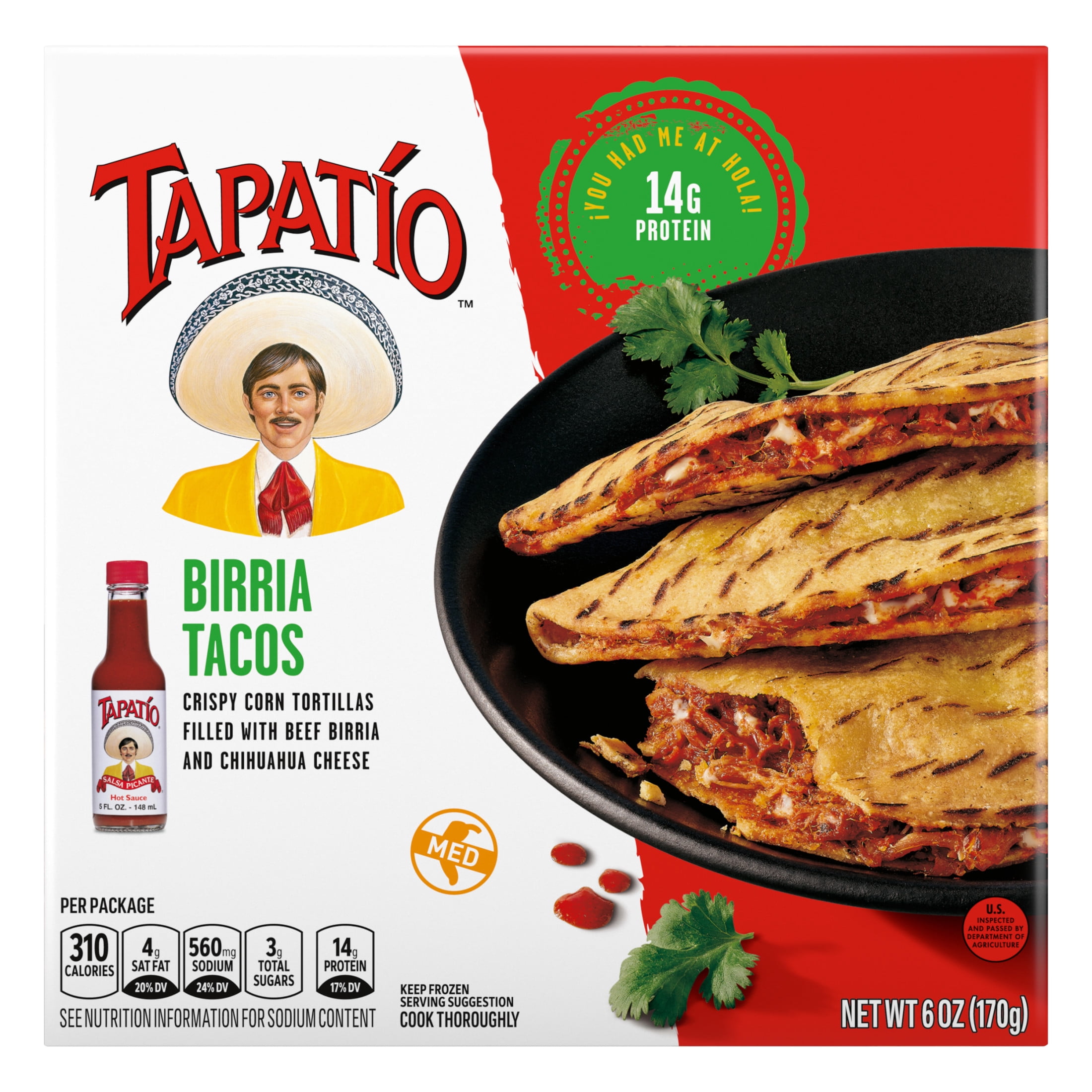 Tapatío Birria Tacos with Tapatio Hot Sauce, Beef Tacos, Frozen Mexican Food 6 oz