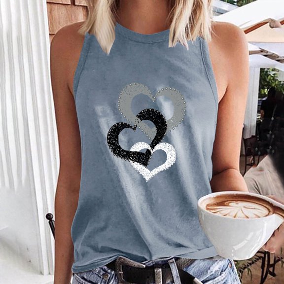 Sakmal Womens Summer Tops Gray Sleeveless Love Heart Crew Neck Tank Tops Womens Shirts