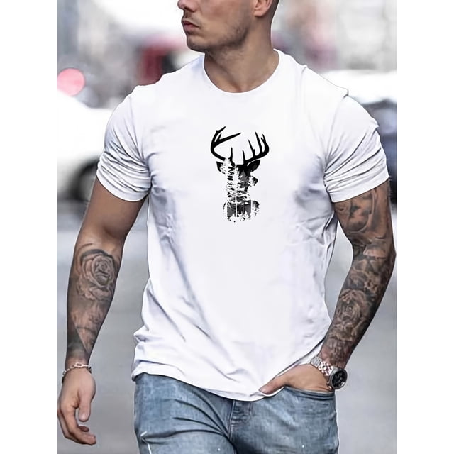 Men's Summer Casual T-Shirt with Deer Head Design - Breathable Polyester, Crew Neck, Short Sleeve