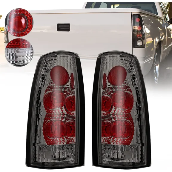 Halogen Tail Lights Pair Set for 1988-2000 Chevy,1988-1999 GMC,1999-2000 Cadillac Escalade Replacement Tail Lamp Chrome Housing/Smoke Lens
